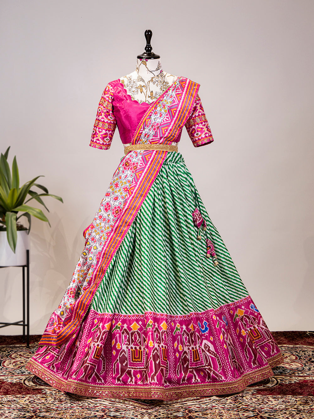 Green Color Leheriya Patola Print Chinon Lehenga Choli