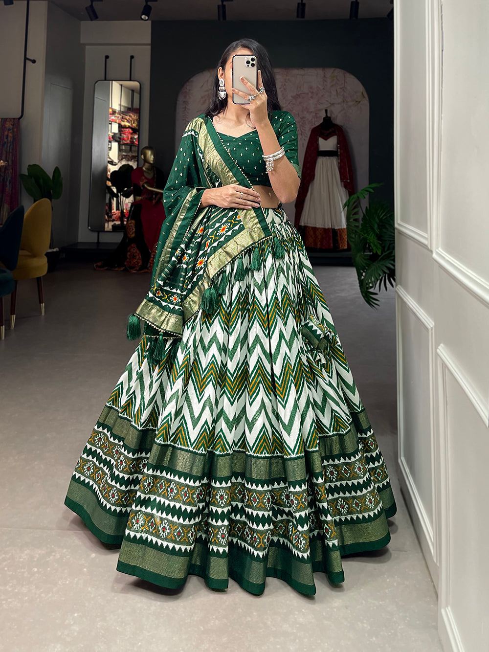 Green Color Leheriya With Foil Work Tussar Silk Lehenga Choli