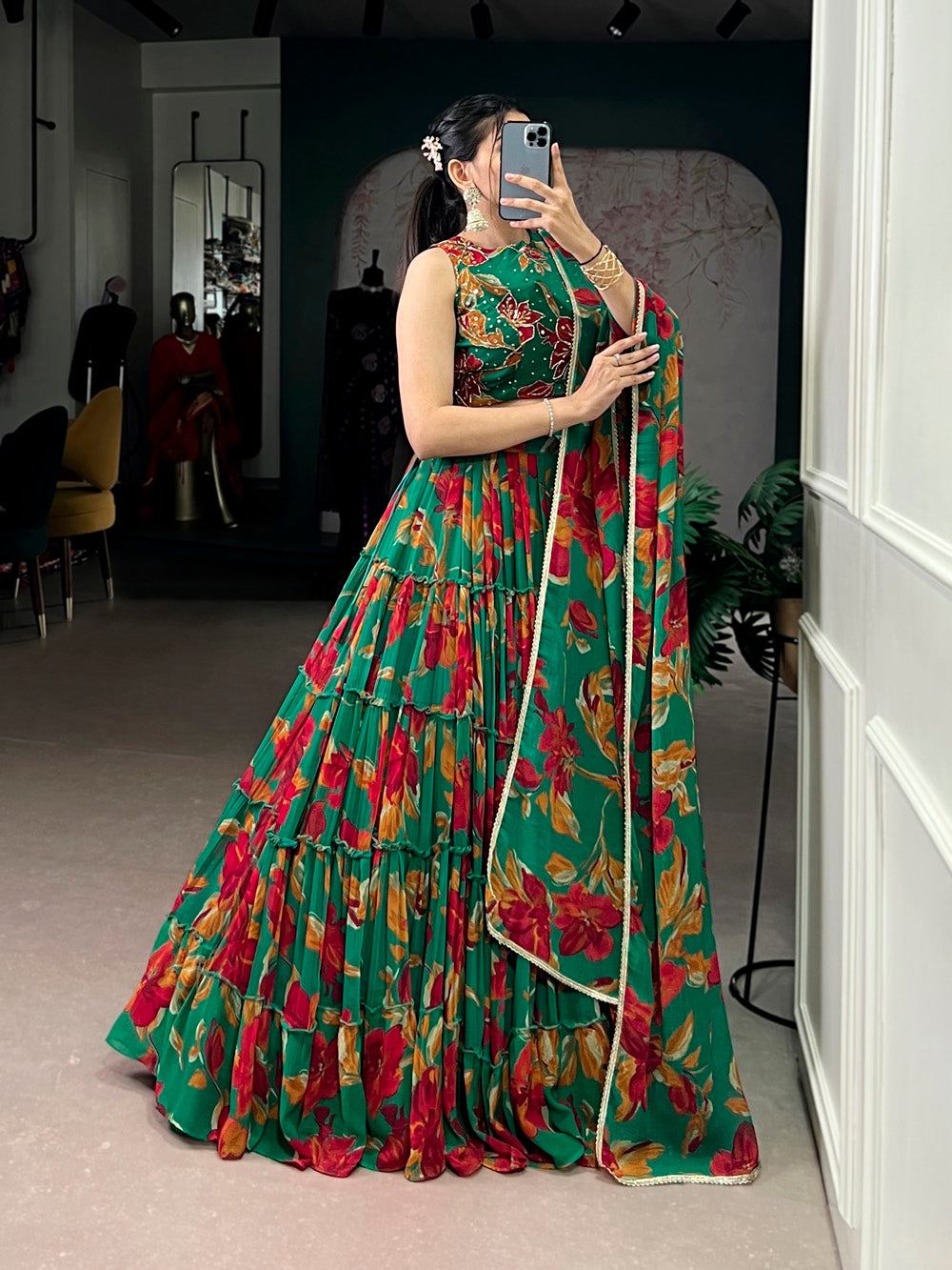 Green floral printed marble lehenga choli with lace dupatta