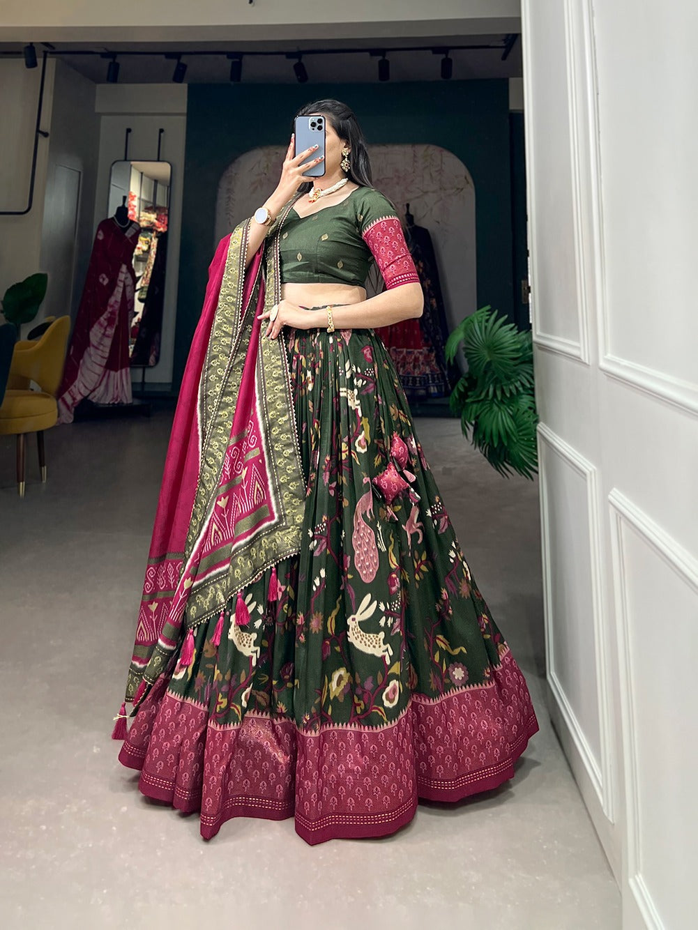 Green Color Mesmerize in Dola Silk Elegance Printed Lehenga Choli Set with Foil Work & Minakari