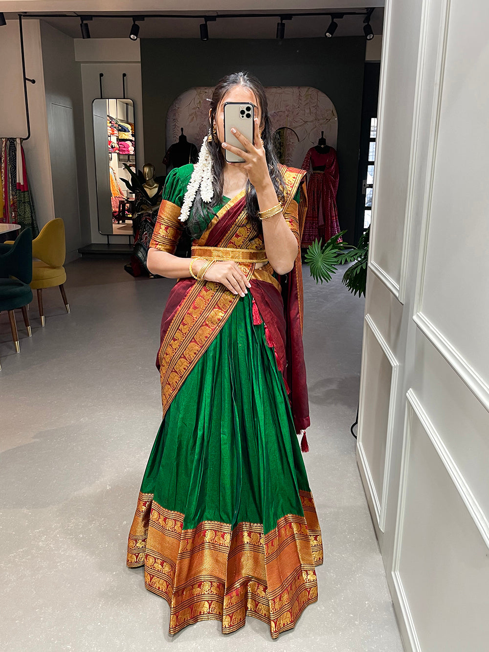 Green Color Zari Weaving Work Narayan Pet Cotton Half Saree Lehenga