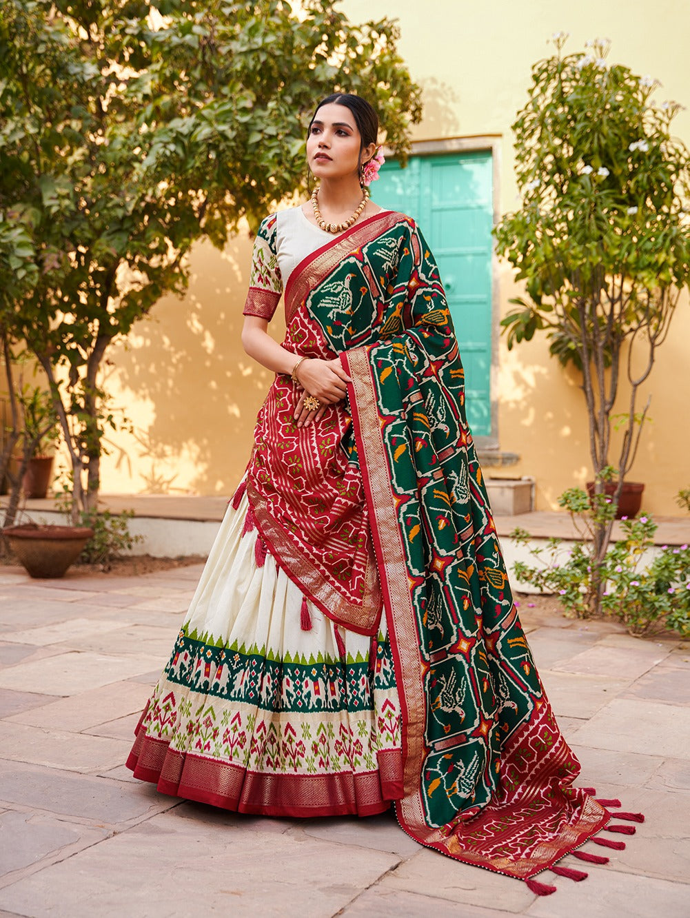 Green Color Patola Print Tussar Silk Lehenga Choli Set with Foil Detailing & Can Can