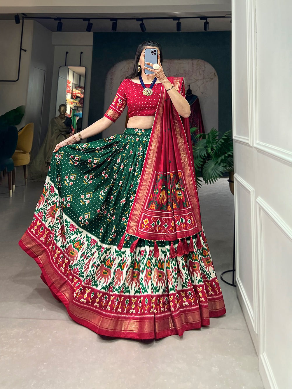 Green Color Patola Print Tussar Silk Lehenga Choli Set