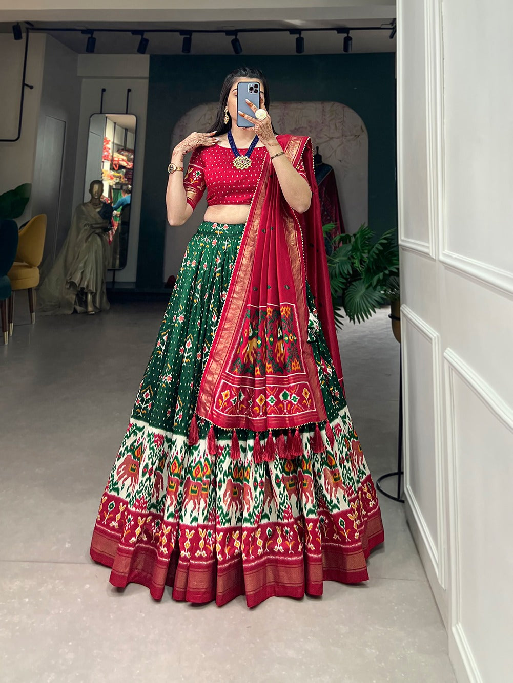 Green Color Patola Print Tussar Silk Lehenga Choli Set