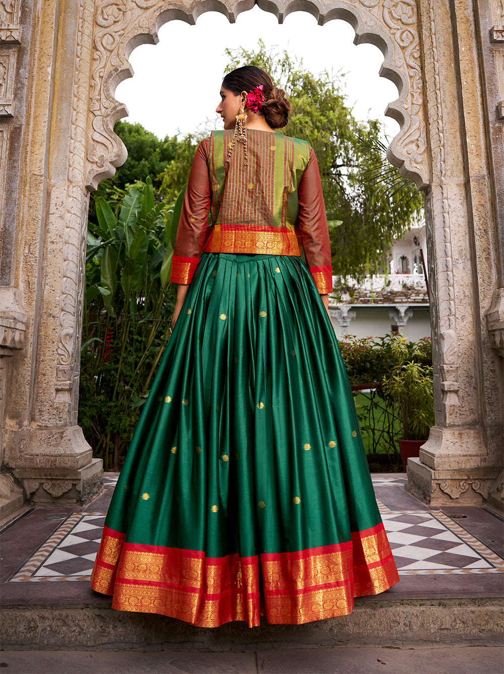 Green color zari weaving work poly cotton lehenga choli