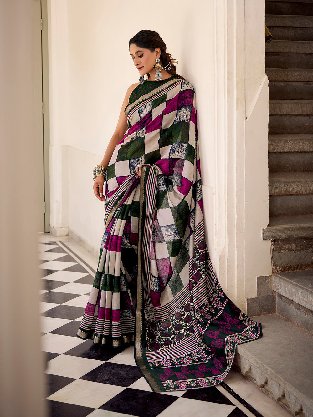 Green viscose chanderi check print saree with temple lace border blouse piece