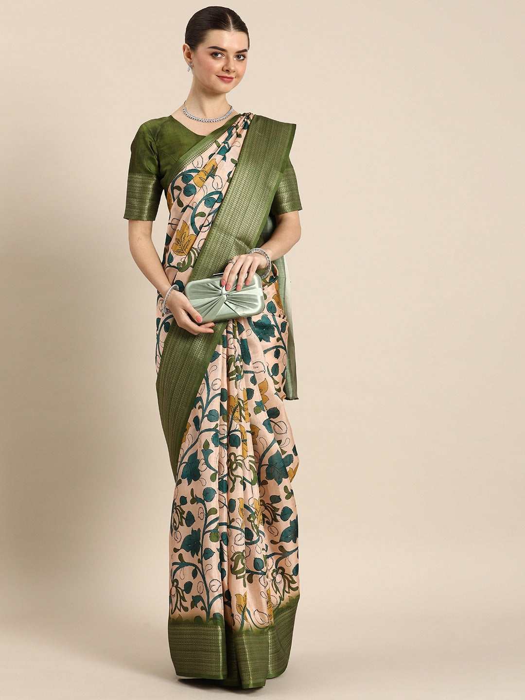 Green Color Printed With Zari Border Dola Silk Saree