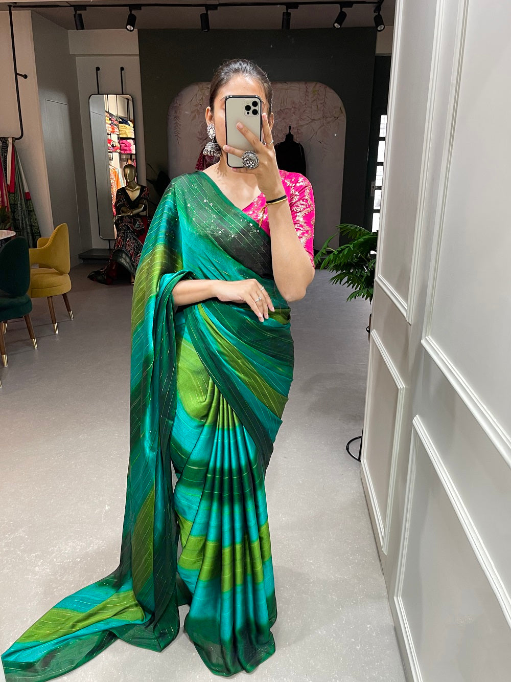 Green Color Zari Lining Work Rangoli Padding Saree
