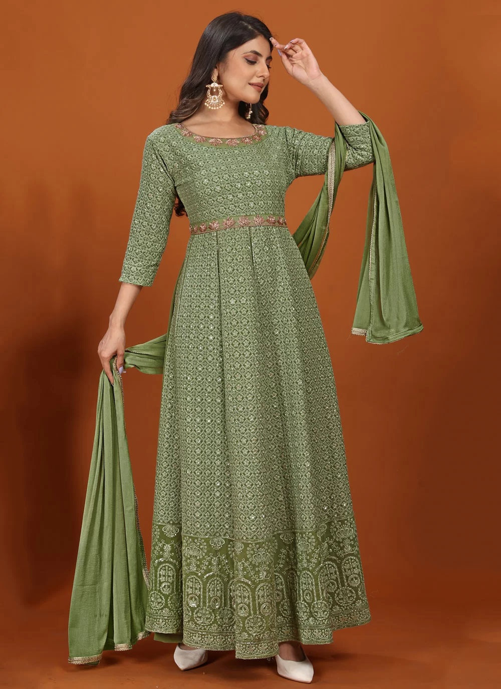 Green color readymade embroidered indian gown