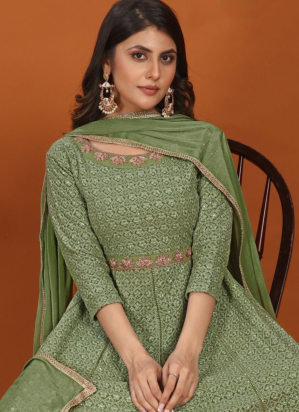 Green color readymade embroidered indian gown