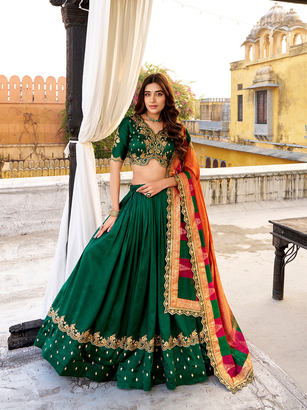 Green designer vichitra silk lehenga choli with sequins thread embroidery