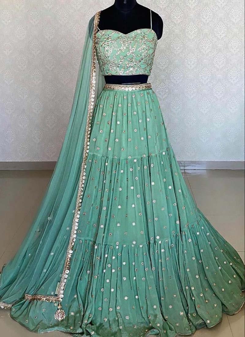 Green Color Silk Fabric Heavy Sequins Work Flared Lehenga Choli