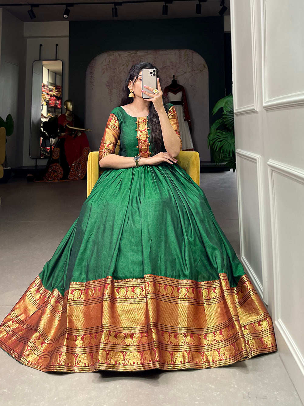 Green Color Zari Weaving Work Narayan Pet (Cotton) Dress