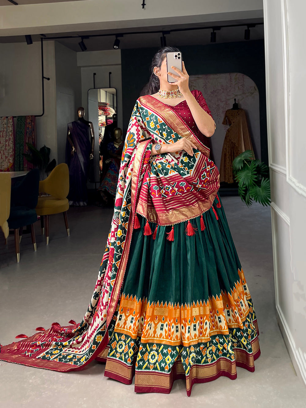 Green Color Patola Print With Foil Work Tussar Silk Lehenga Choli