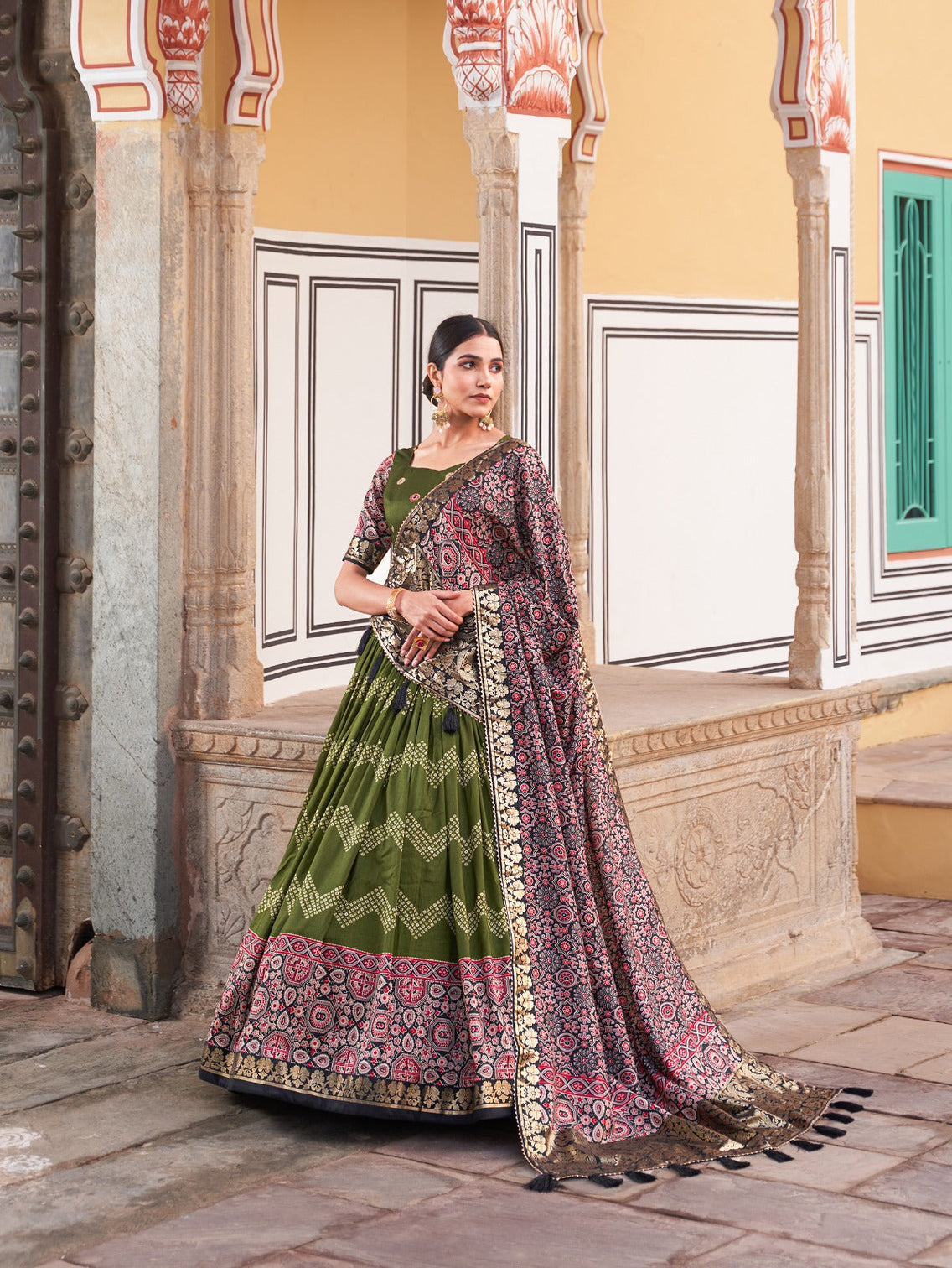 Green Color Tussar Silk Lehenga Choli with Ajarakh Prints