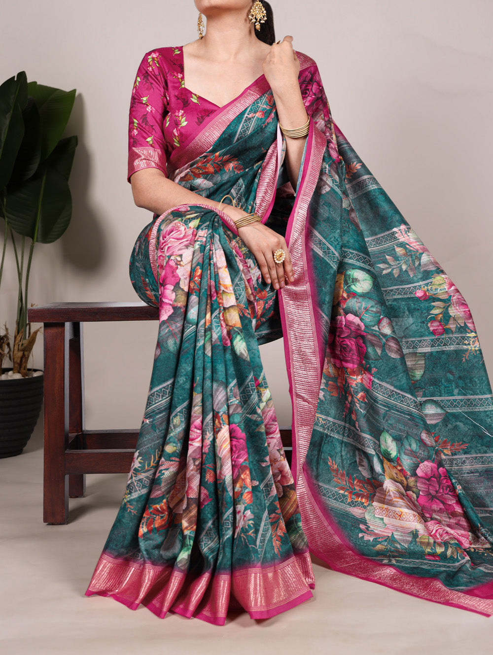 Green tussar silk floral printed saree with viscose border wine blouse