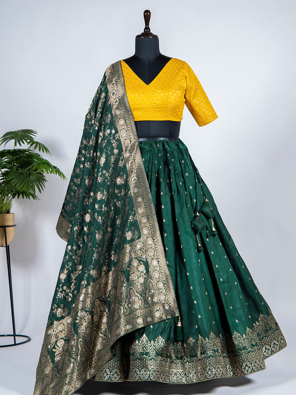 Green Color Weaving work Jacquard Lehenga Choli
