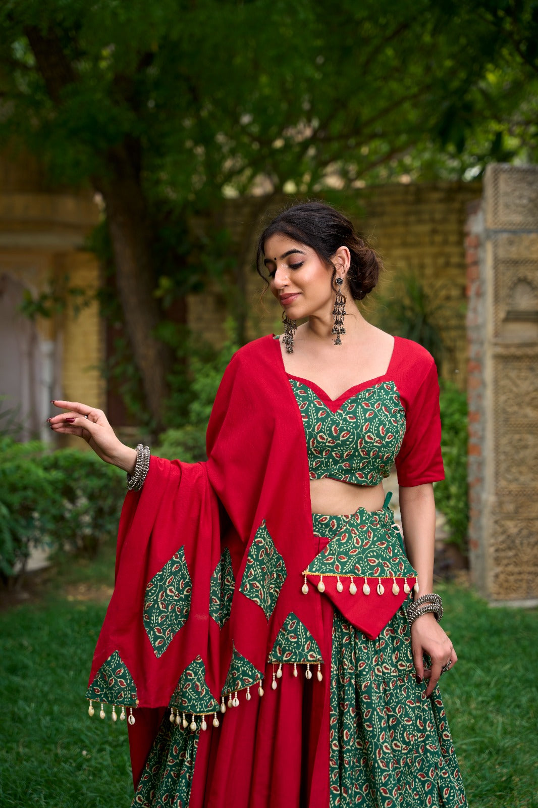 Green Cotton Chaniya Choli with Mirror Work & Cowrie Lace