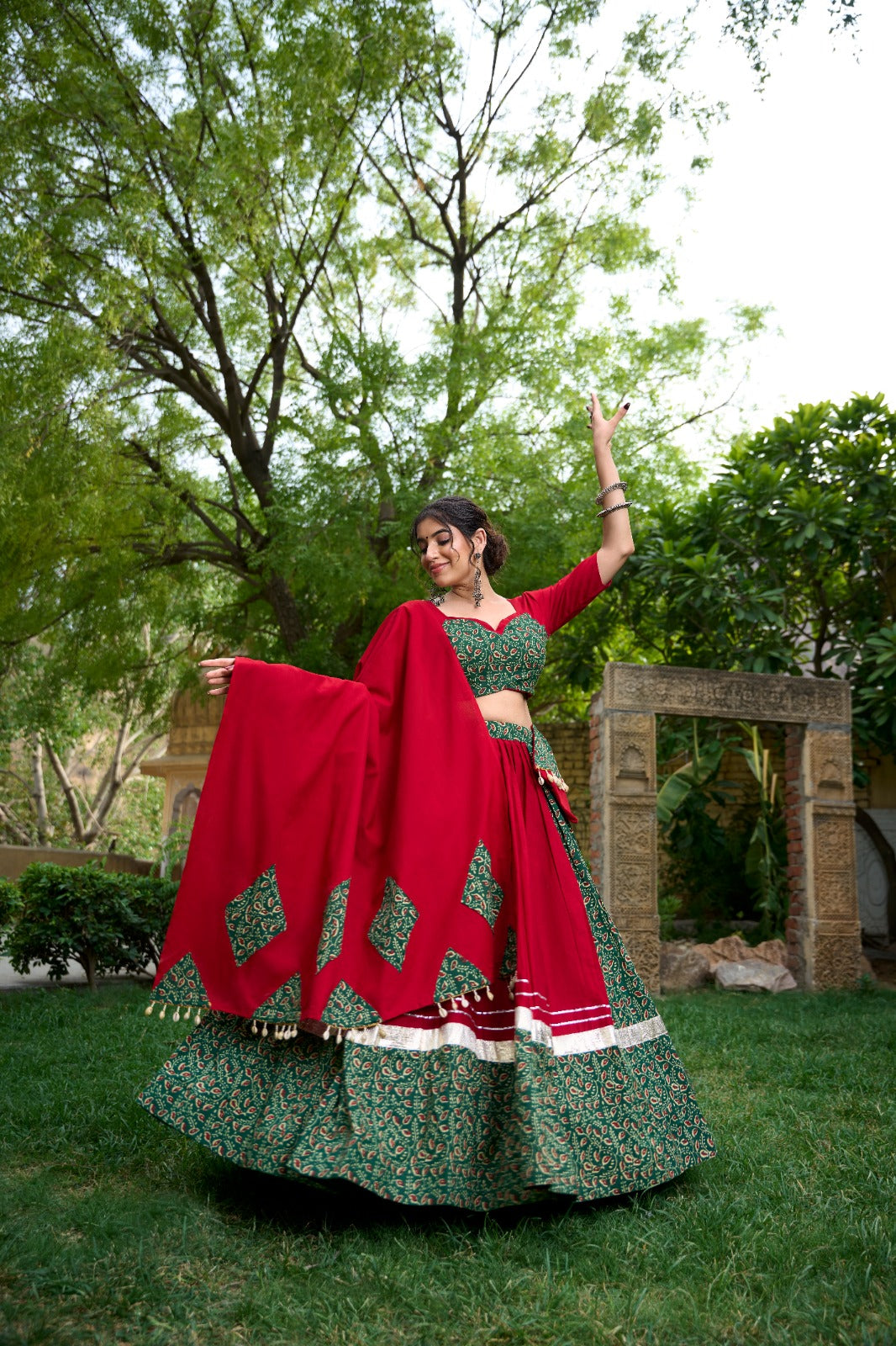 Green Cotton Chaniya Choli with Mirror Work & Cowrie Lace