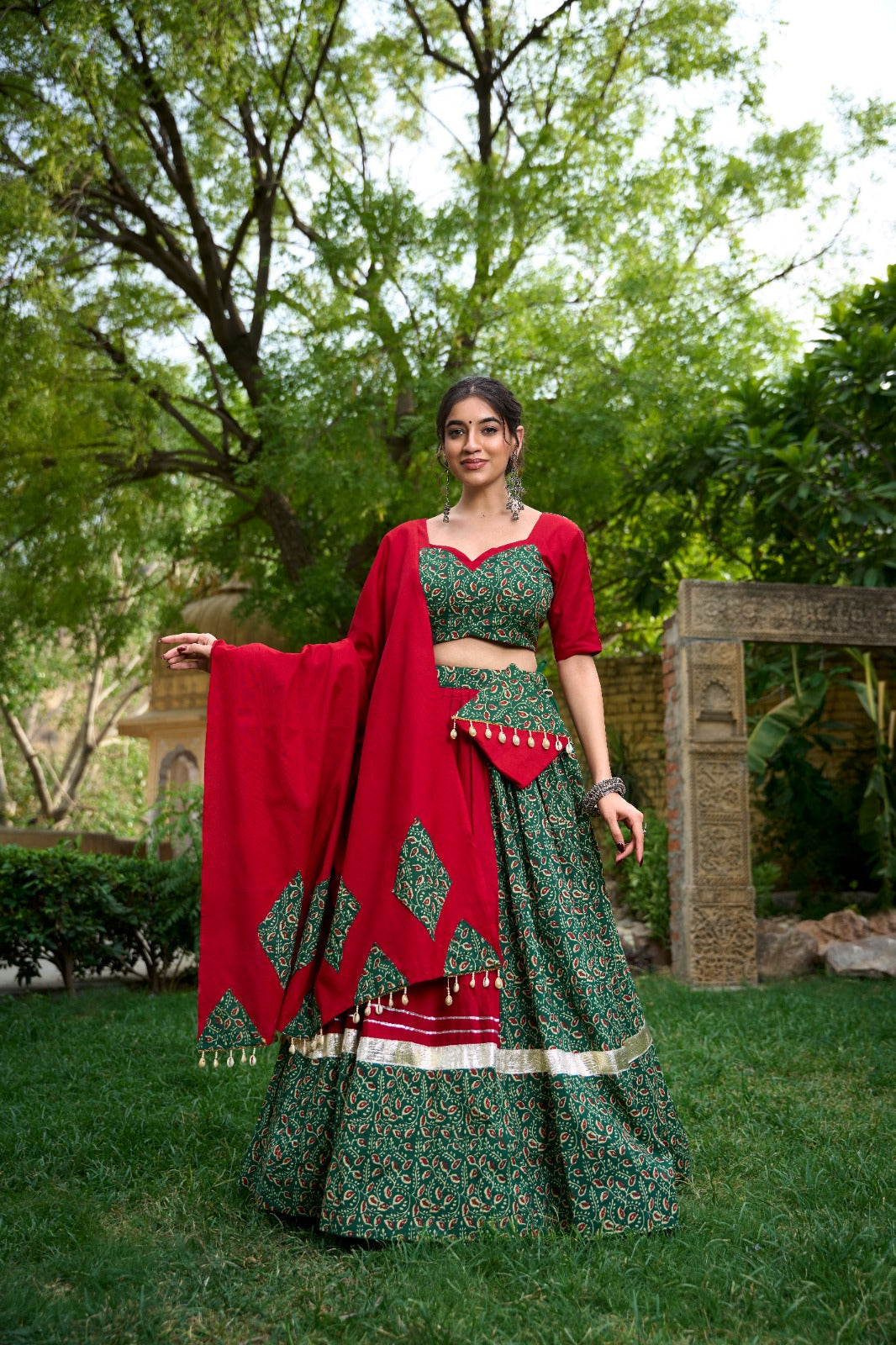 Green Cotton Chaniya Choli with Mirror Work & Cowrie Lace