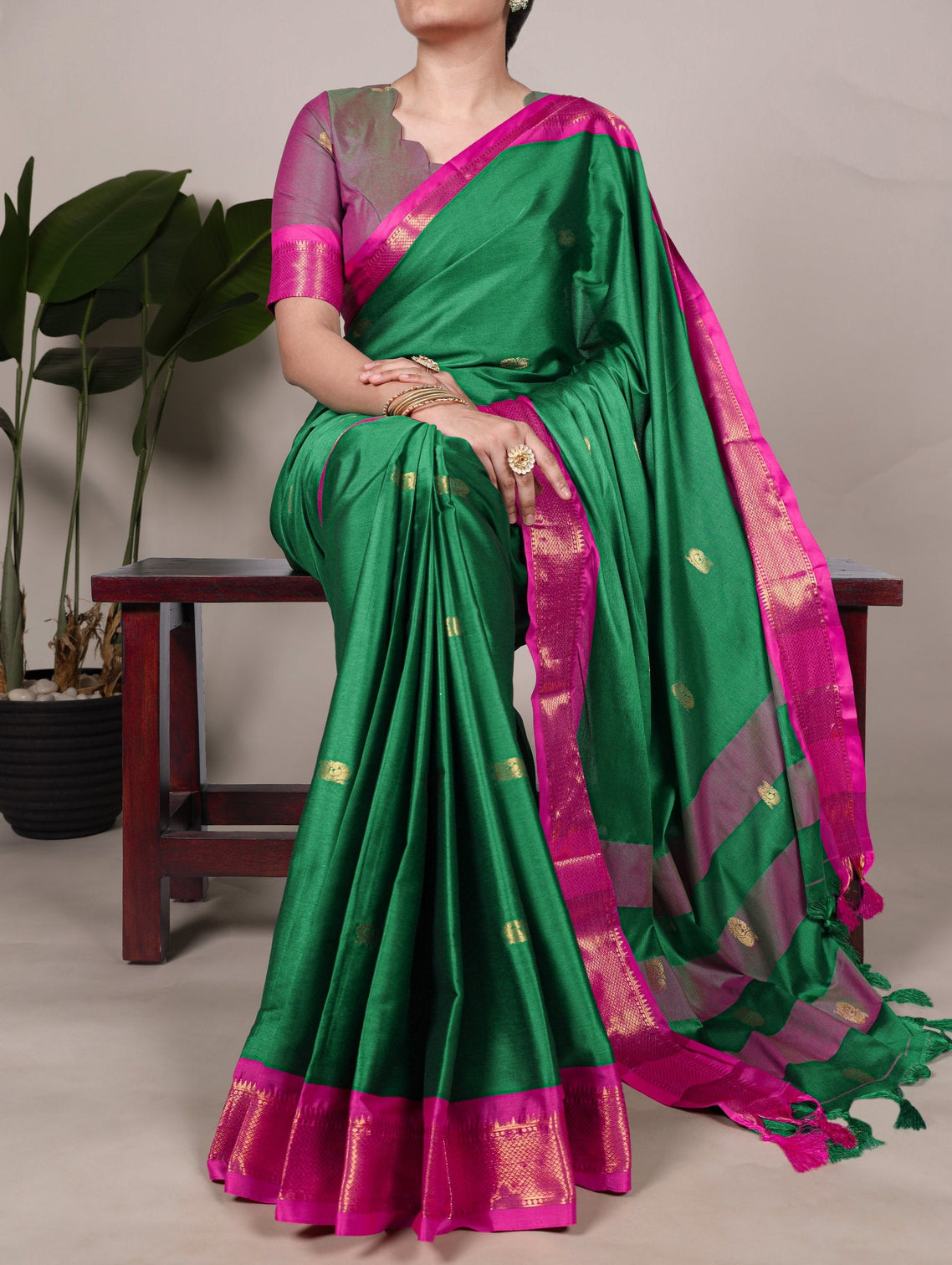 Green Cotton Silk Saree with Paithani Weaving Work & Matching Blouse