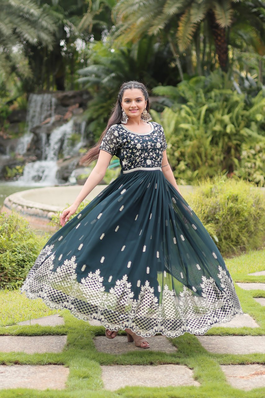 Green Designer Readymade Gown with Zari & Sequins Embroidery