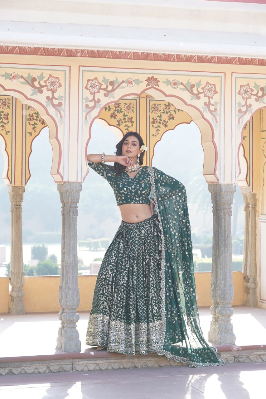 Green Designer Viscose Jacquard Lehenga Choli & Dupatta Set with Sequins