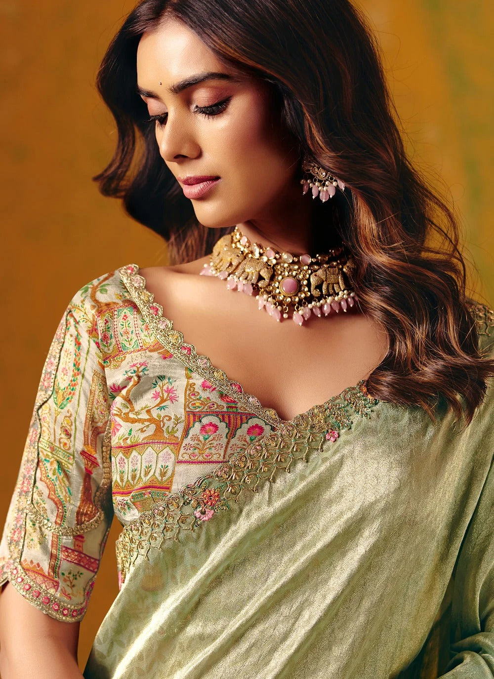 Green wedding saree with readymade blouse in smooth zari silk