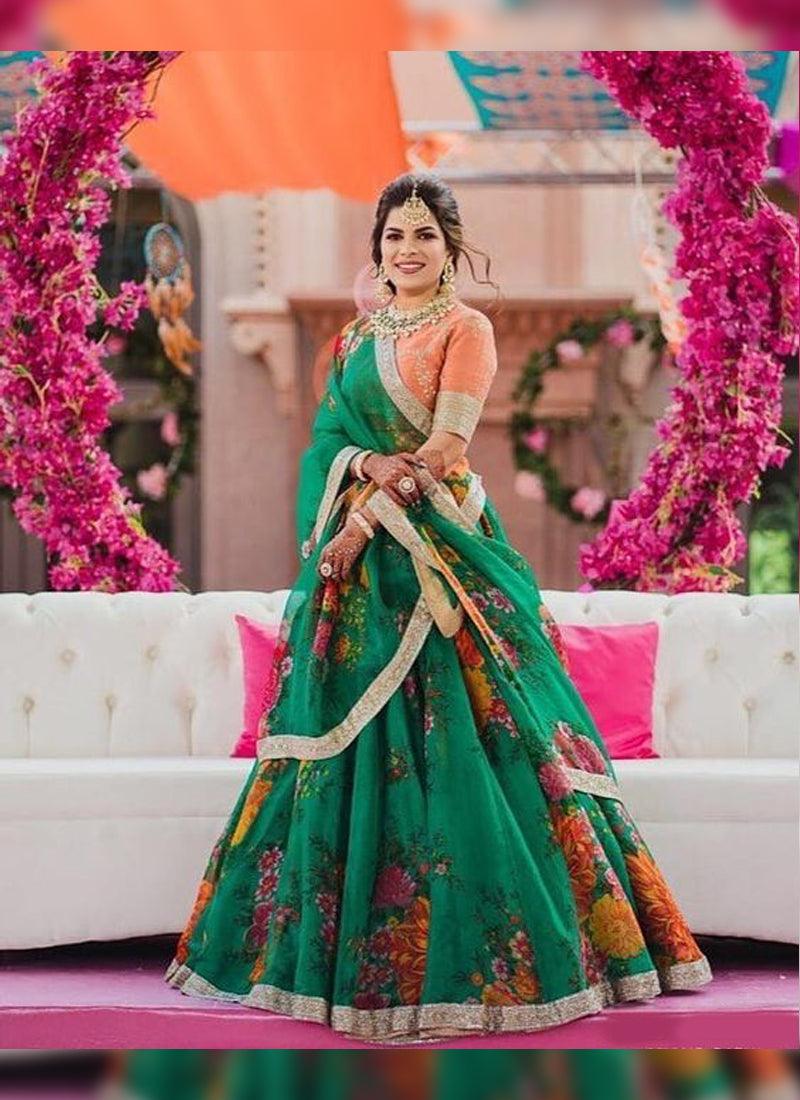 Green Digital Print Organza Flared Lehenga Choli