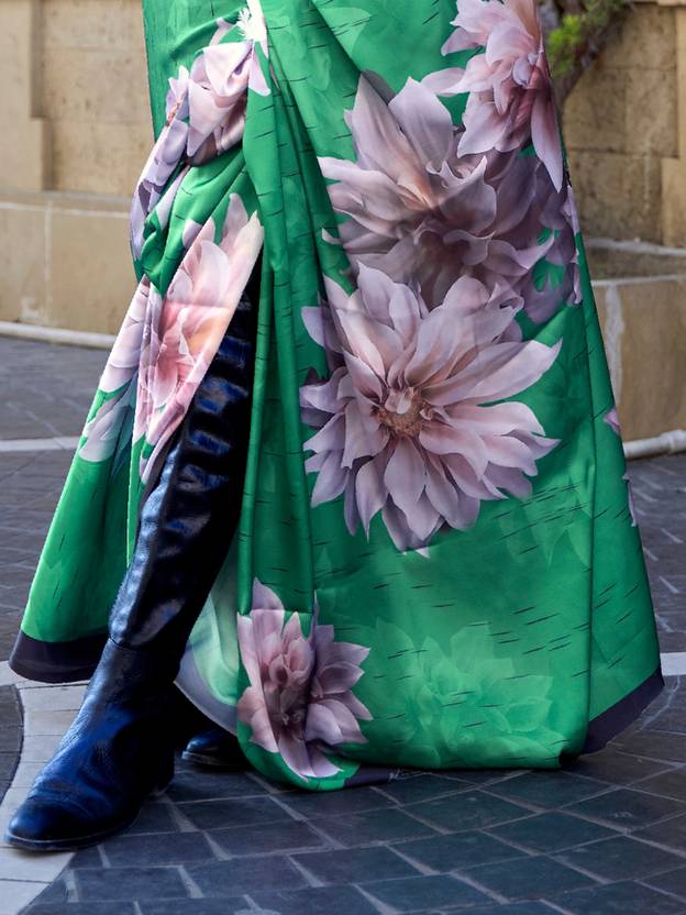 Green Digital Print Saree in Satin Silk Blend – Party & Wedding Wear