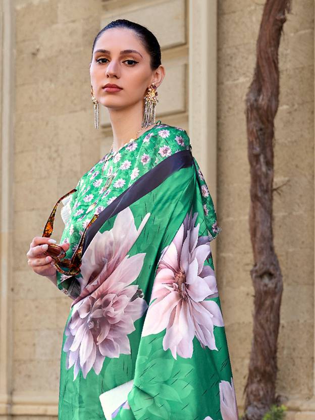 Green Digital Print Saree in Satin Silk Blend – Party & Wedding Wear