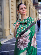 Green Digital Print Saree in Satin Silk Blend – Party & Wedding Wear