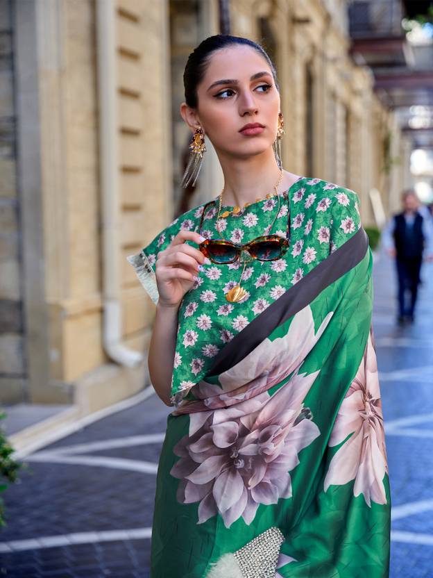 Green Digital Print Saree in Satin Silk Blend – Party & Wedding Wear
