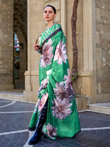 Green Digital Print Saree in Satin Silk Blend – Party & Wedding Wear
