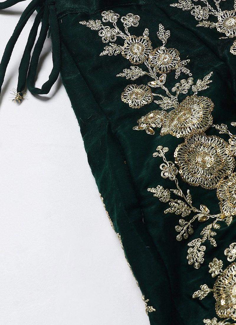 Green Dori Work Velvet Lehenga Choli And Dupatta Set