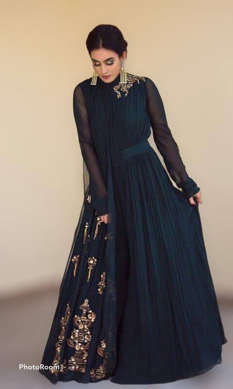 Green Effortless Elegance Georgette Gown Set