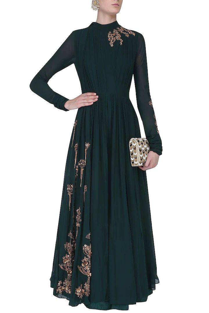 Green Effortless Elegance Georgette Gown Set