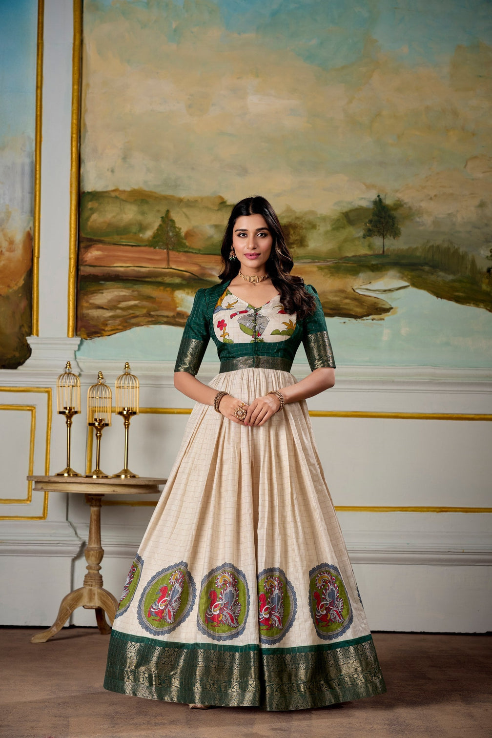 Green Elegant Dola Silk Kalamkari Print Gown with Zari Weaving Koti