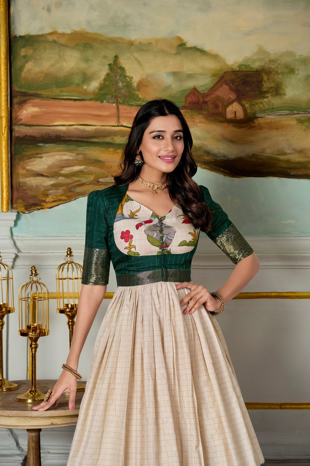 Green Elegant Dola Silk Kalamkari Print Gown with Zari Weaving Koti
