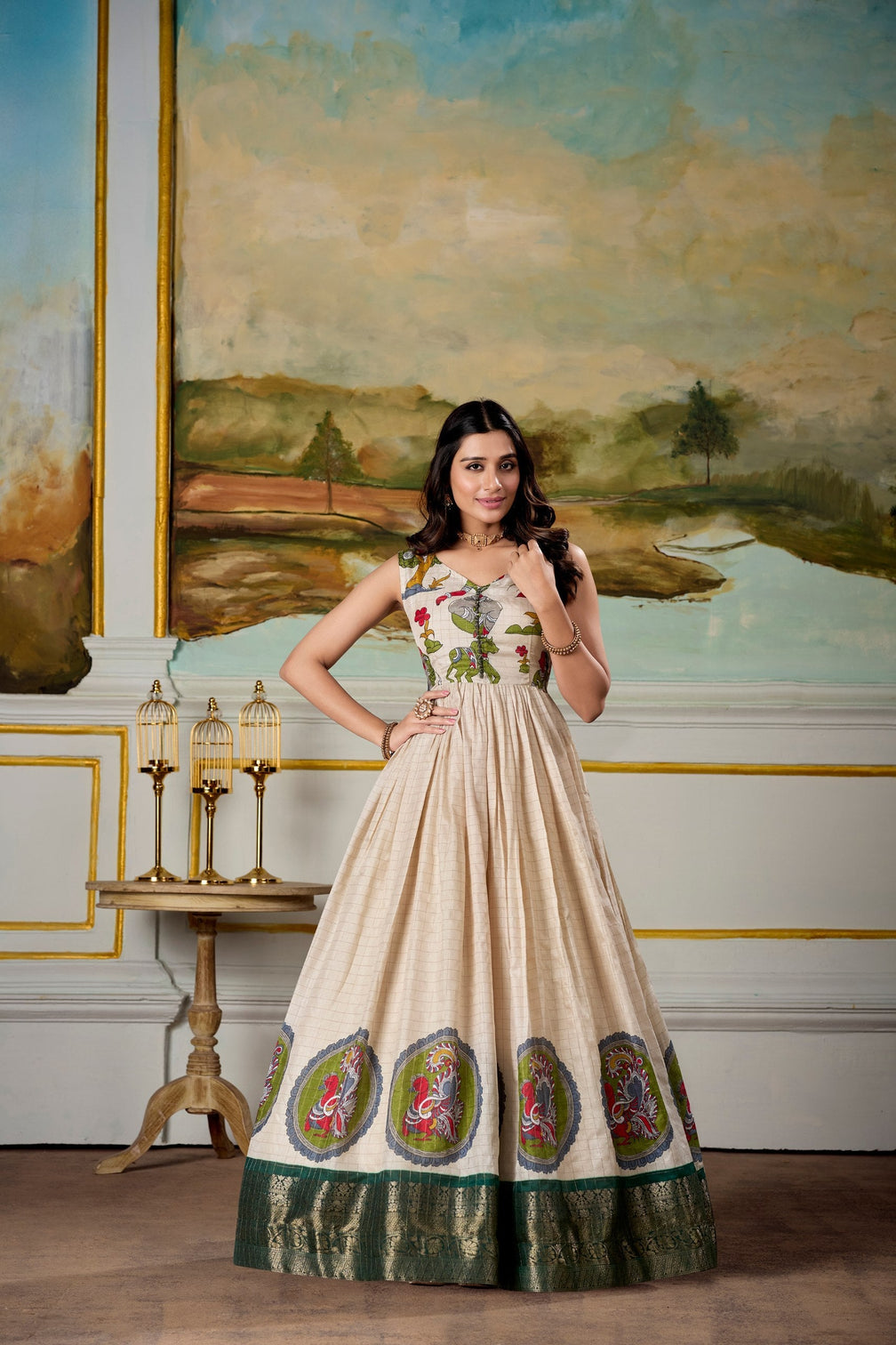 Green Elegant Dola Silk Kalamkari Print Gown with Zari Weaving Koti