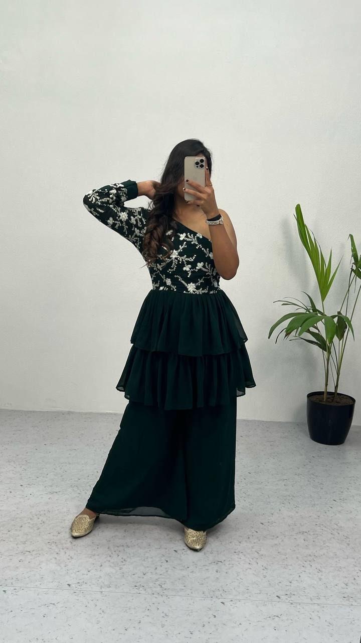 Green Elegant Embroidered Georgette Top & Palazzo Set – Chic & Classy!