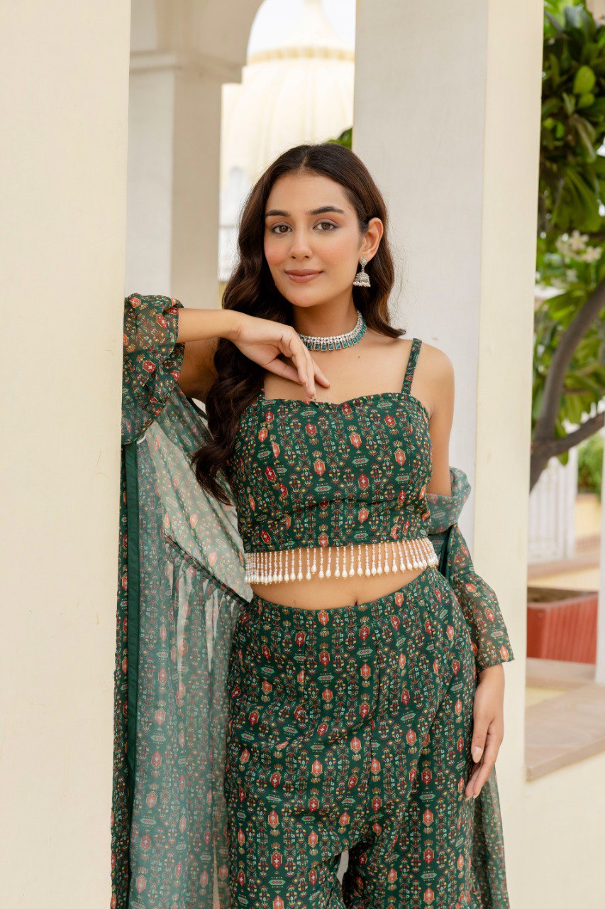 Green Elegant Georgette Digital Print Blouse, Shrug & Sharara Set with Pearl Lace Detailing