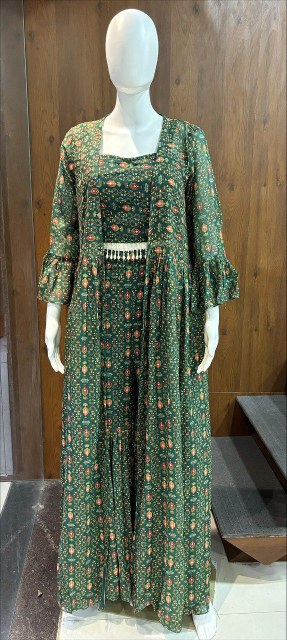 Green Elegant Georgette Digital Print Blouse, Shrug & Sharara Set with Pearl Lace Detailing