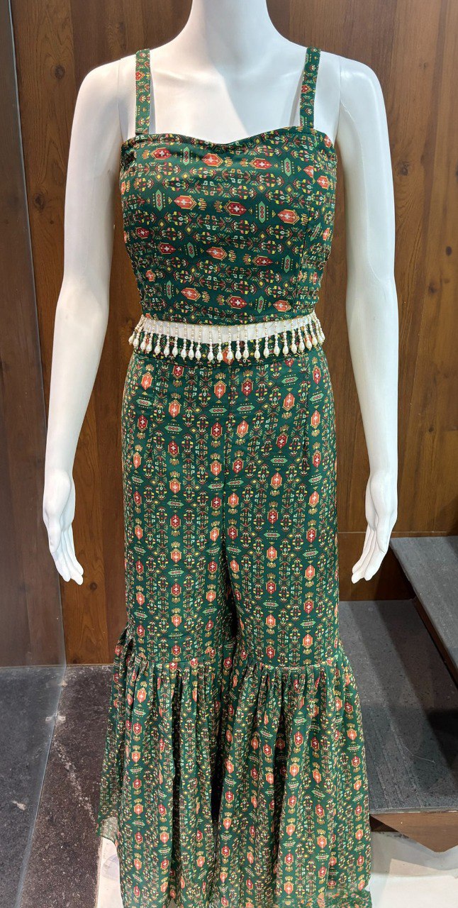 Green Elegant Georgette Digital Print Blouse, Shrug & Sharara Set with Pearl Lace Detailing