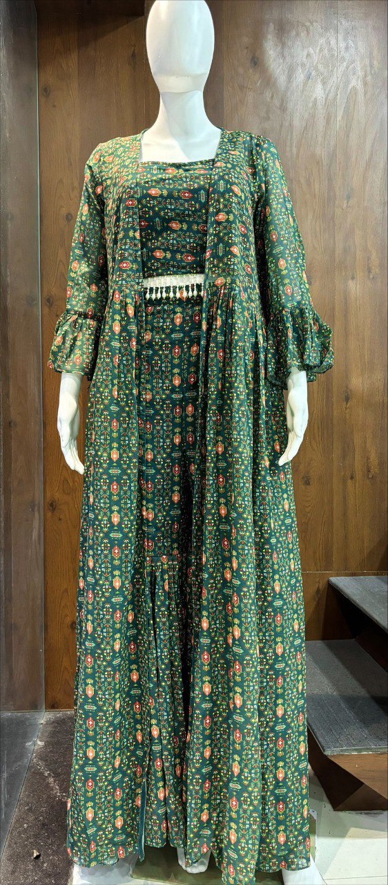 Green Elegant Georgette Digital Print Blouse, Shrug & Sharara Set with Pearl Lace Detailing