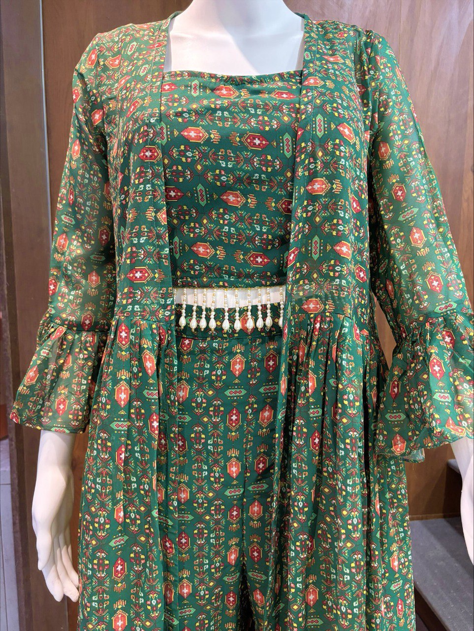 Green Elegant Georgette Digital Print Blouse, Shrug & Sharara Set with Pearl Lace Detailing