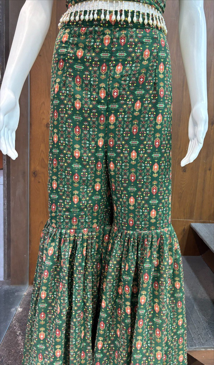Green Elegant Georgette Digital Print Blouse, Shrug & Sharara Set with Pearl Lace Detailing