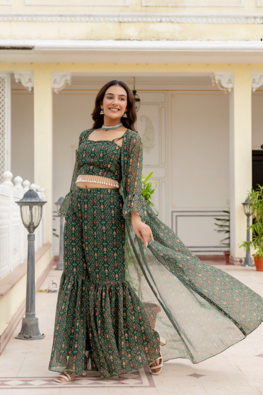 Green Elegant Georgette Digital Print Blouse, Shrug & Sharara Set with Pearl Lace Detailing