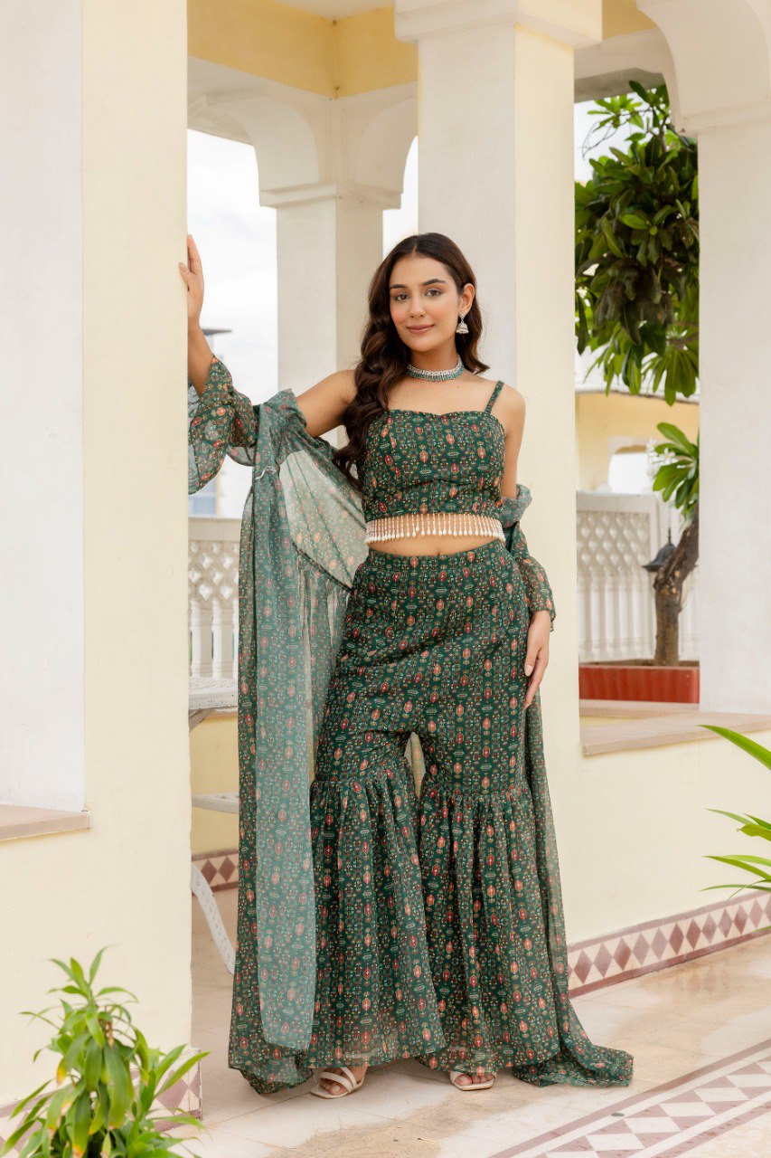Green Elegant Georgette Digital Print Blouse, Shrug & Sharara Set with Pearl Lace Detailing