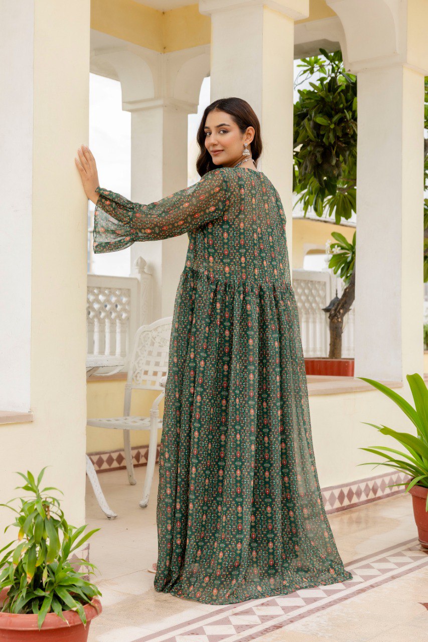 Green Elegant Georgette Digital Print Blouse, Shrug & Sharara Set with Pearl Lace Detailing